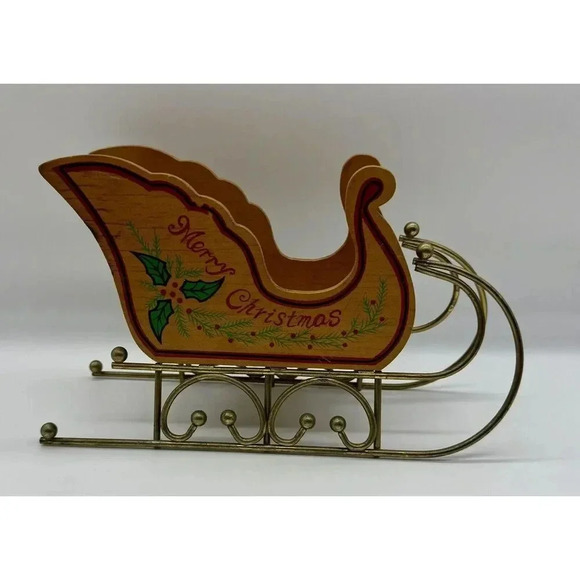 Wood Sleigh Holly Leaves Merry Christmas Vintage 1988 Summit Collection See Note - Picture 2 of 9